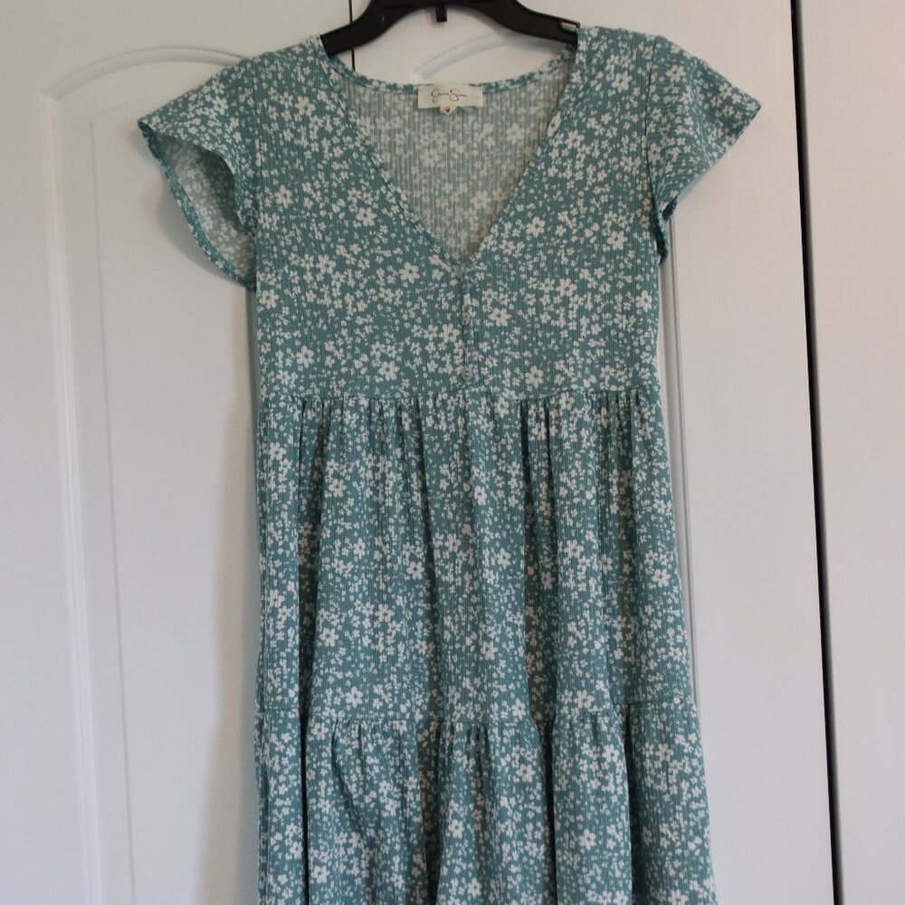 Jessica Simpson BabyDoll Green White Floral Print Short Sleeve Dress Medium